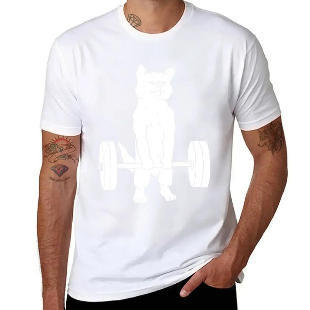 Gewichtheben Katze Kreuzheben Heben T-Shirt ästhetische Kleidung Sommer Oberteile Sportfans schlichte weiße T-Shirts Herren