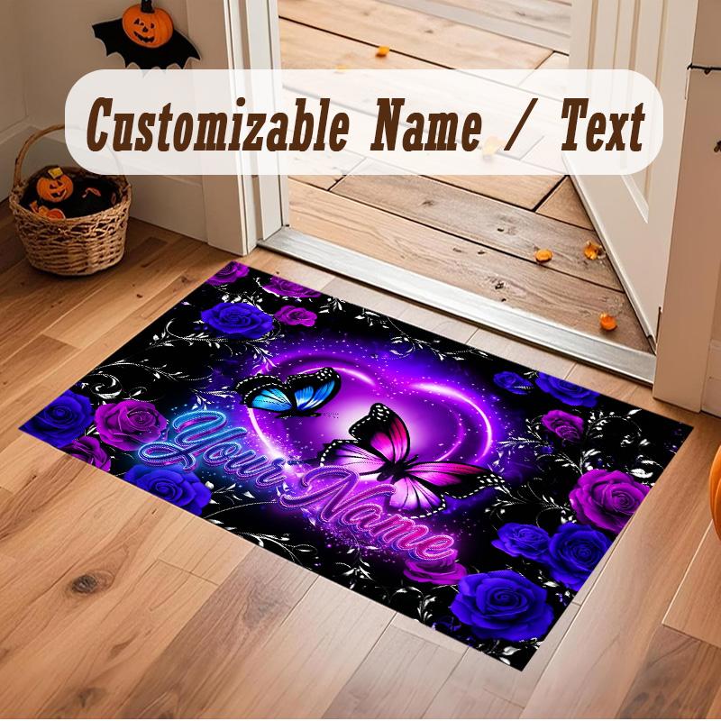 Butterfly Theme Soft Crystal Velvet Rug Custom Name & Text Print Non Slip Floor Rug for Bedroom Living Room