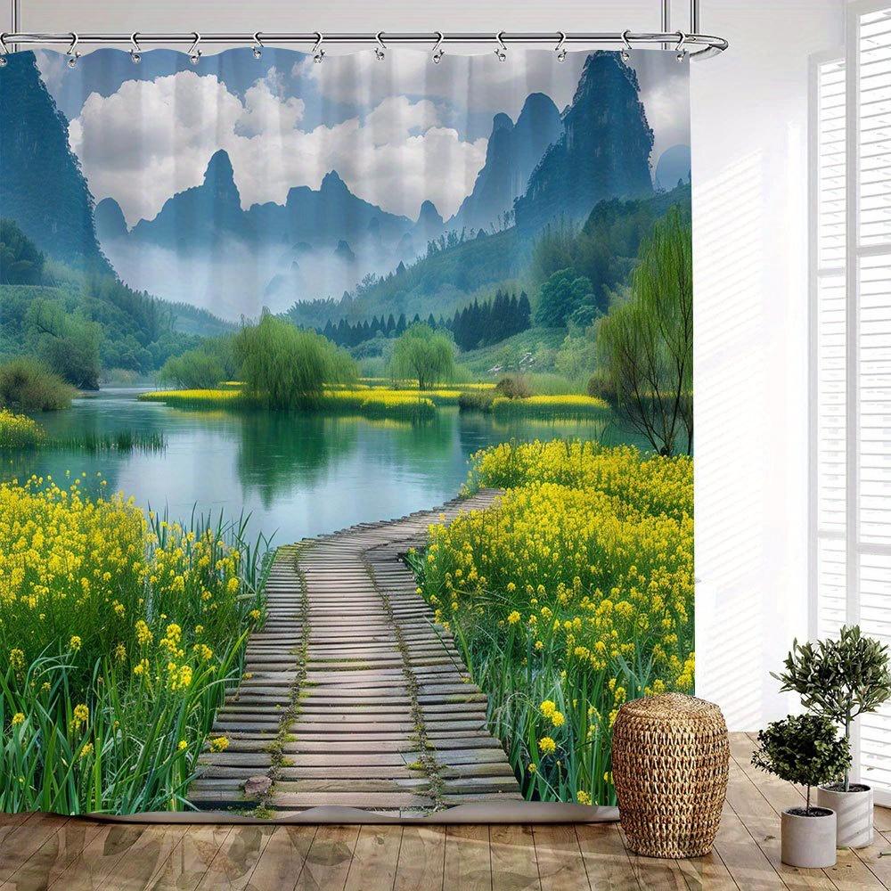 1Pc Extra Long Bathroom Curtain - Serene Landscape With Wooden Path, Tranquil Pond, Misty Mountains & Yellow Wildflowers