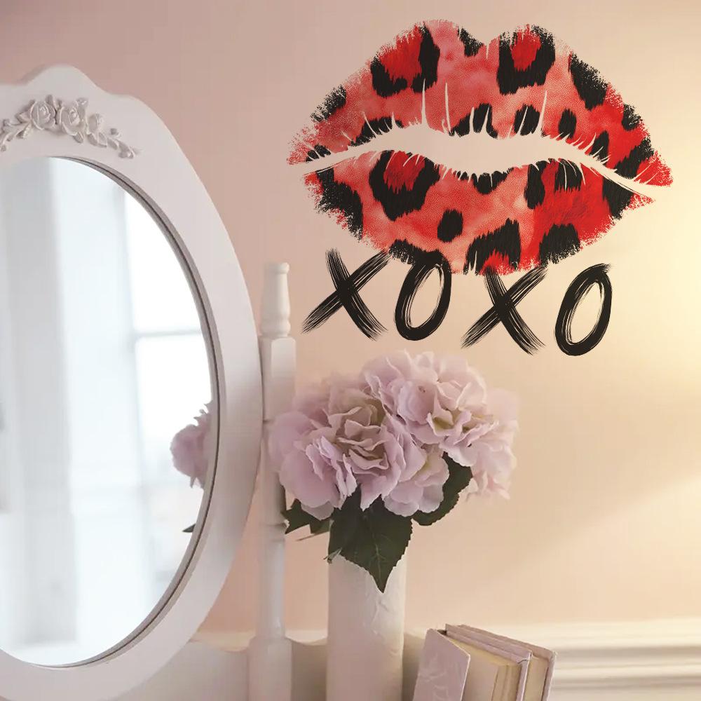 Personalized Leopard Print Lip Prints and English Word Decorative Wall Stickers for The Dressing Room Bedroom