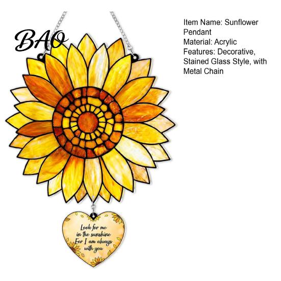 Sunflower Suncatcher for Window Stained Glass Style Pendant, Floral Wall Hanging Art with Metal Light Transmitting Piece Chain, Acrylic Ornament Home