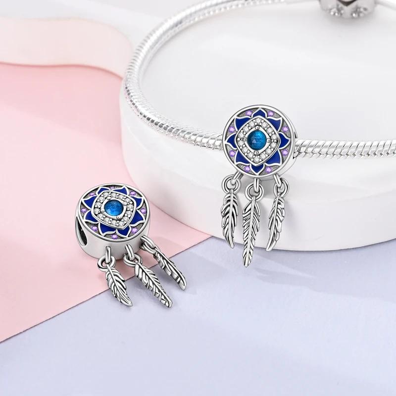 Charm Bead Charms Copper Plated Blue Flower Dreamcatcher, Feather Bead Charms Compatible With Authentic Ideal For Women Jewellery Do It Yourself Makin