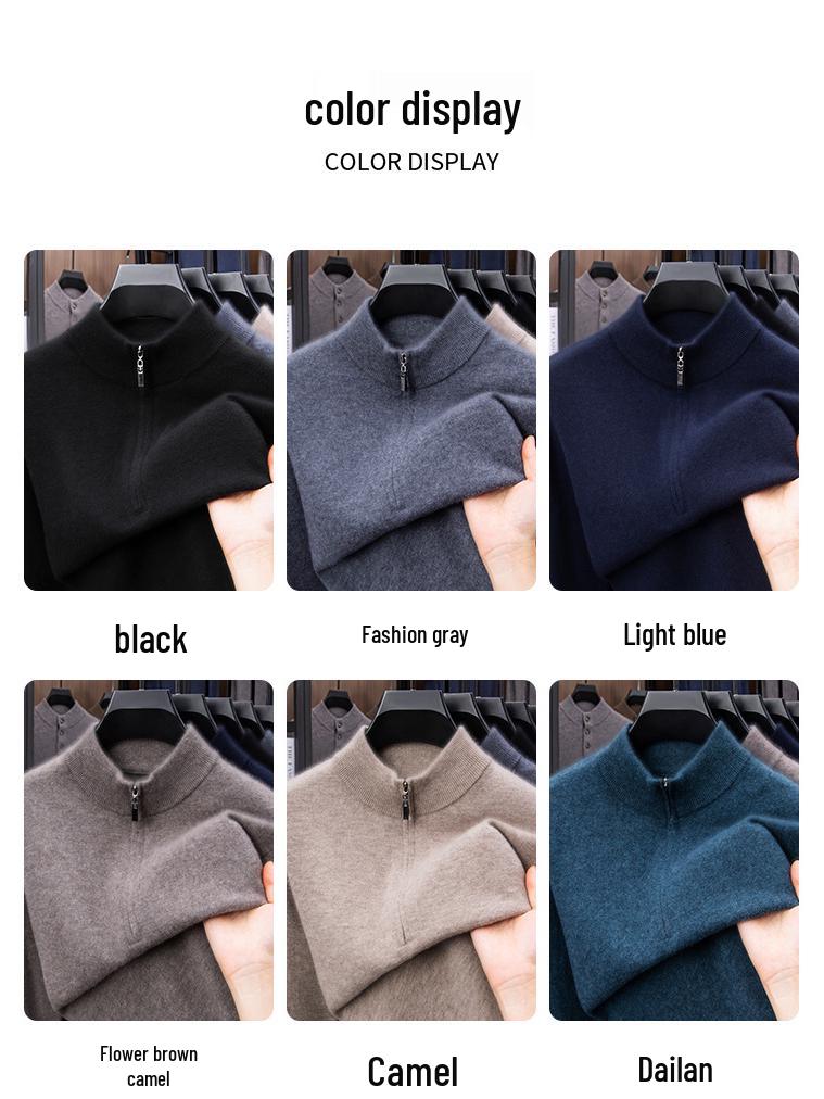Winter 2025 Men's Warm Wool Sweater, Half-High Collar, Zipper, Solid Color, Thick Knit Base Layer