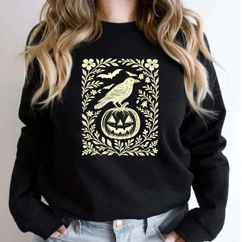 Halloween Crow Pumpkin Sweatshirt Jack O Lantern Floral Halloween Hoodies Women Crewneck Sweatshirt Long Sleeve Casual Pullover