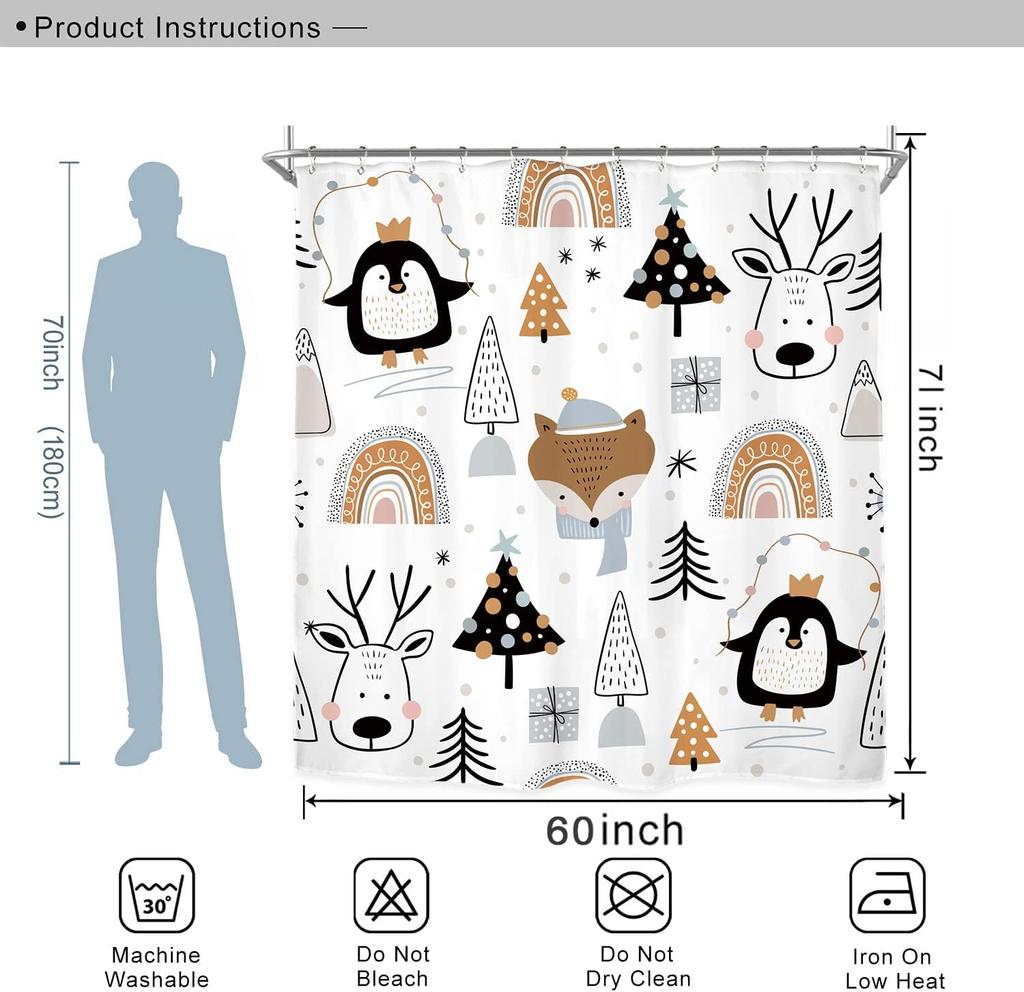 Christmas Kids Winter Shower Curtain Set Animal Rainbow Tree Fox Deer Penguin Lovely Nursery Polyester Waterproof Cloth Bathroom