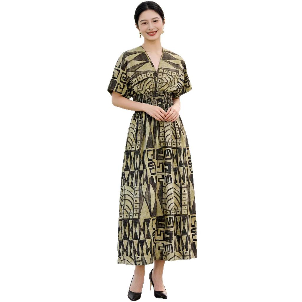 2026 V-neck Digital Print High-waist Batwing Sleeve Beach Dress - Southeast Asian Cotton Silk