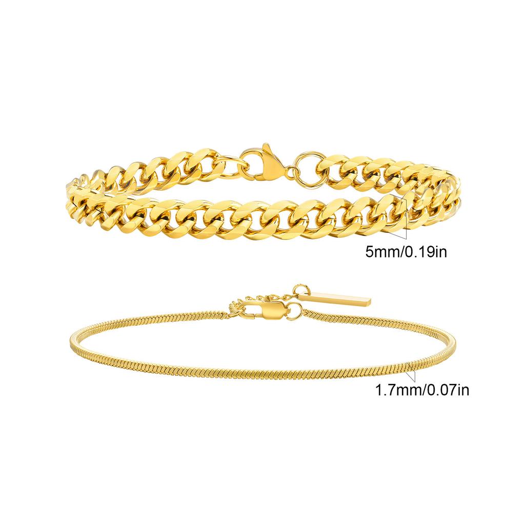 Hiphop 2pcs Stacked Chan Bracelets for Men Boys,Stainless Steel Cuban Chain Wristband,18/21/23CM
