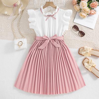 Girls' Dress Children's Clothing Summer Style Flying Sleeves Color Blocked Pleated Children's Princess Dresses