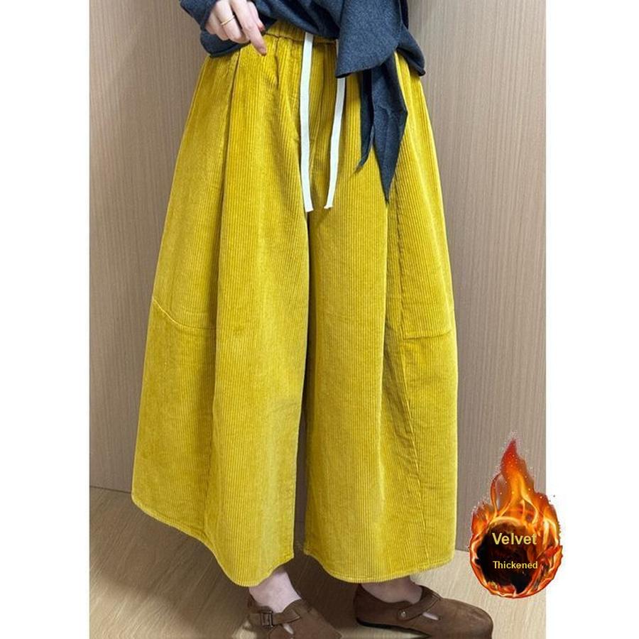 Autumn Winter Korean Style Fleece-Lined Warm Loose Fit Slimming Casual Pants for Women Wide Leg Corduroy