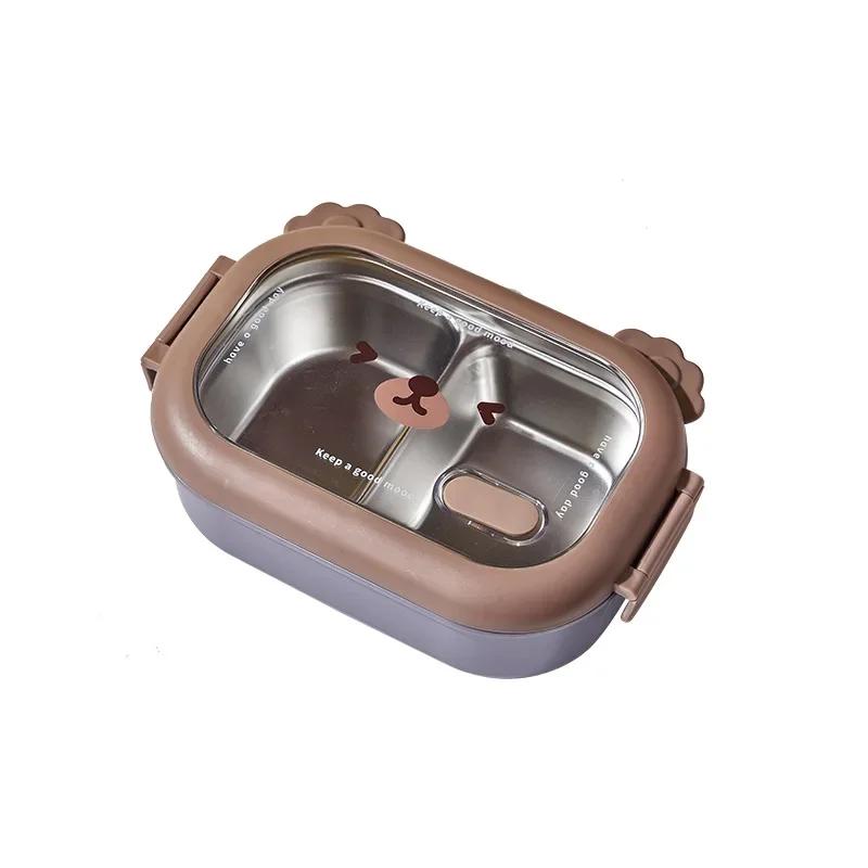 Cute Bear-Shaped Lunch Box Stainless Steel Double Grid Bento Box with Heat Preservation Dividers for Students Office Workers