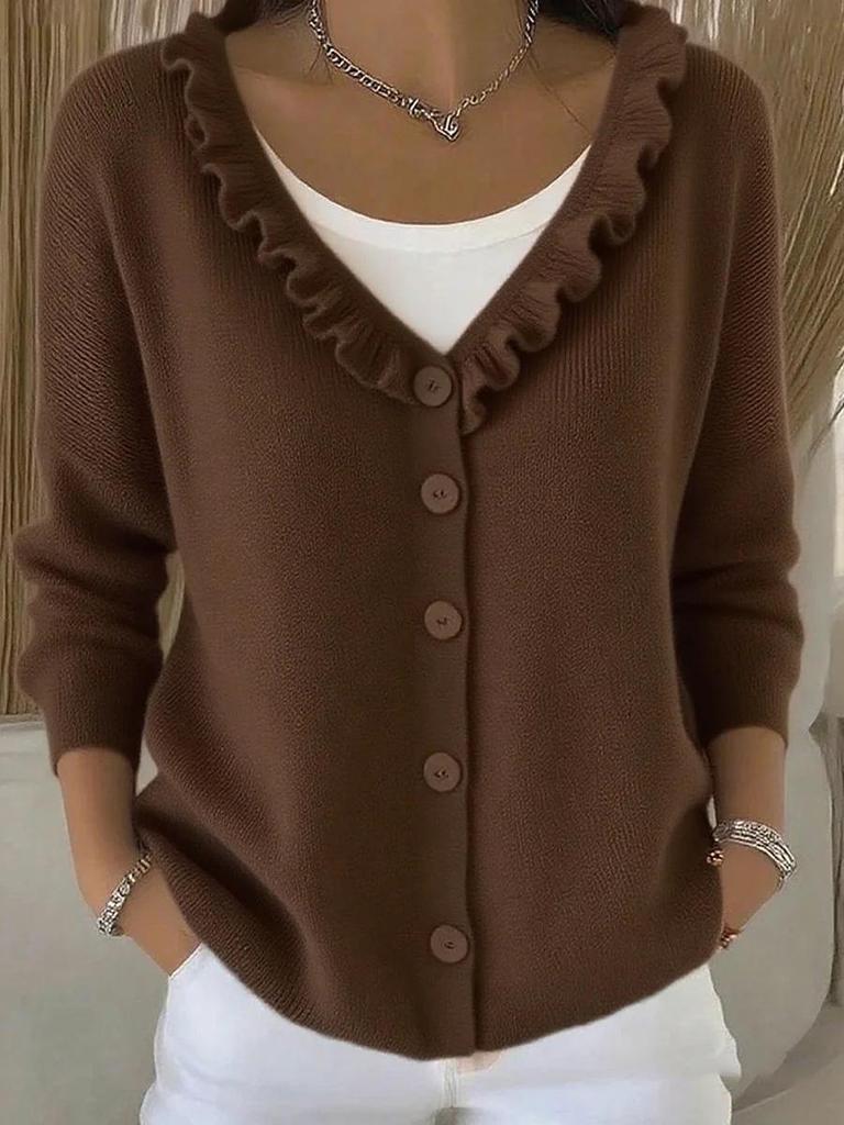 European Autumn/Winter Ribbed Knit V-Neck Cardigan Sweater for Women