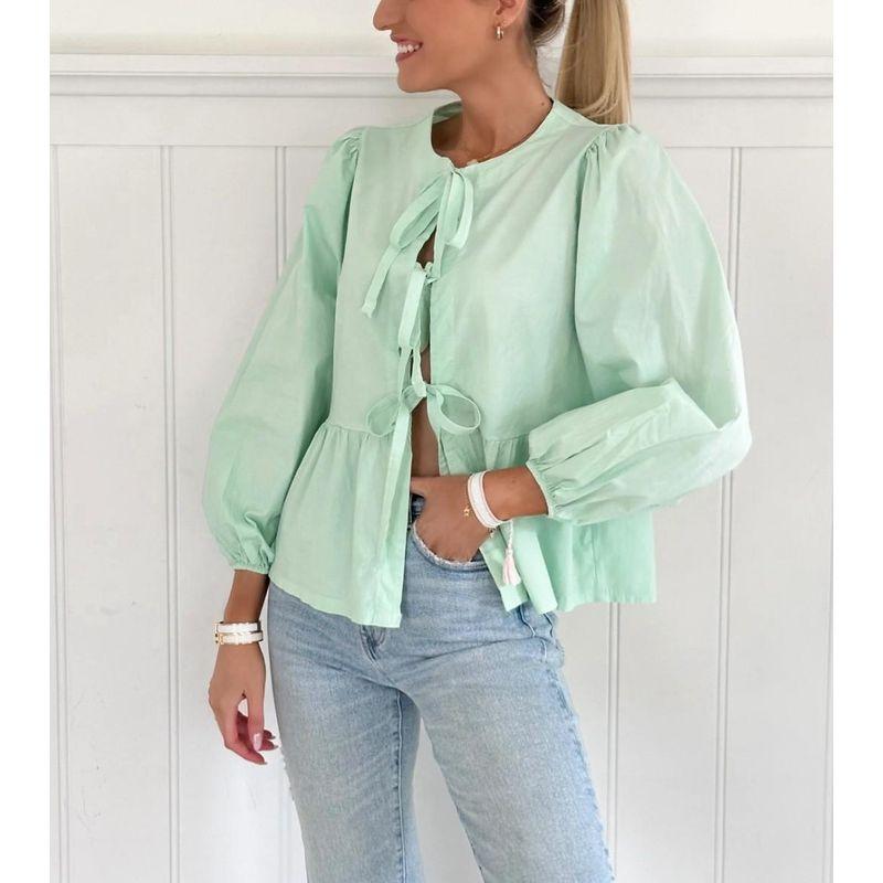 Short sleeve 2025 European and American Women clothes Street Fashion Bow Long sleeve Shirts Long Sleeve Shirt