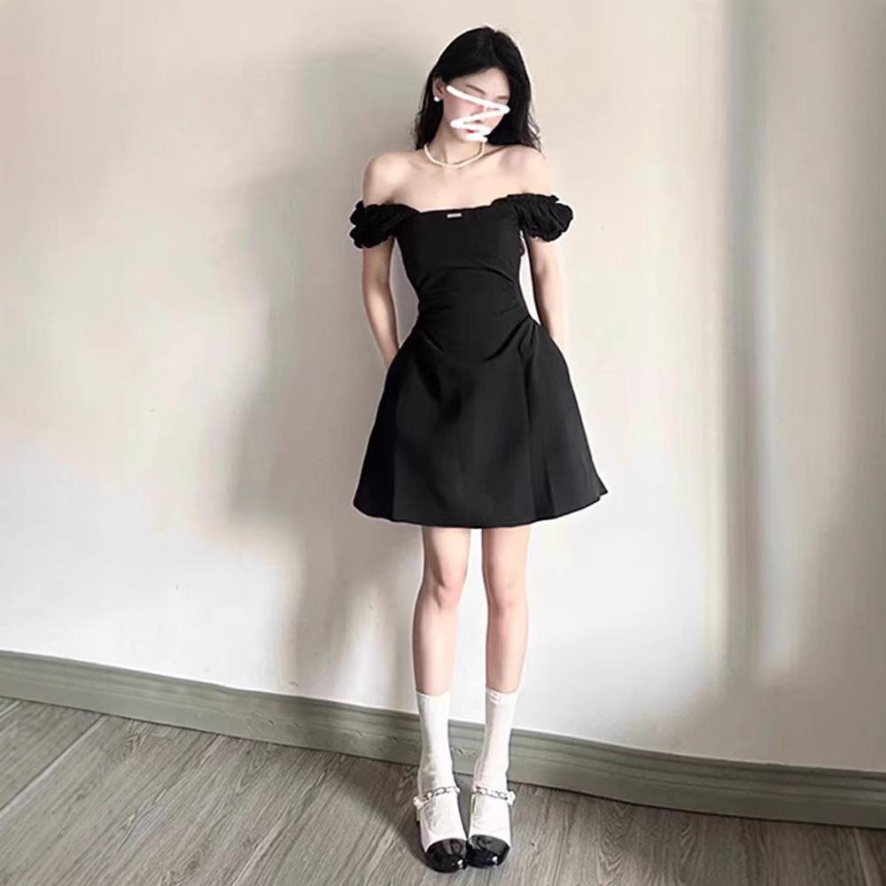 Square Collar Pure Desire Style Black Dress Women's New Summer Waist Temperament Design Sense Short A-shaped Small Black Dress