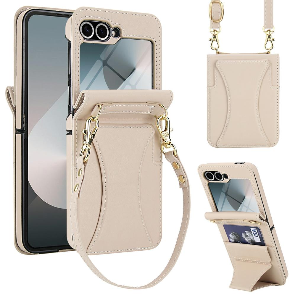 For Samsung Galaxy Z Flip5 5G Case Kickstand Leather+PC Folding Phone Cover with HD Screen Protector/Straps