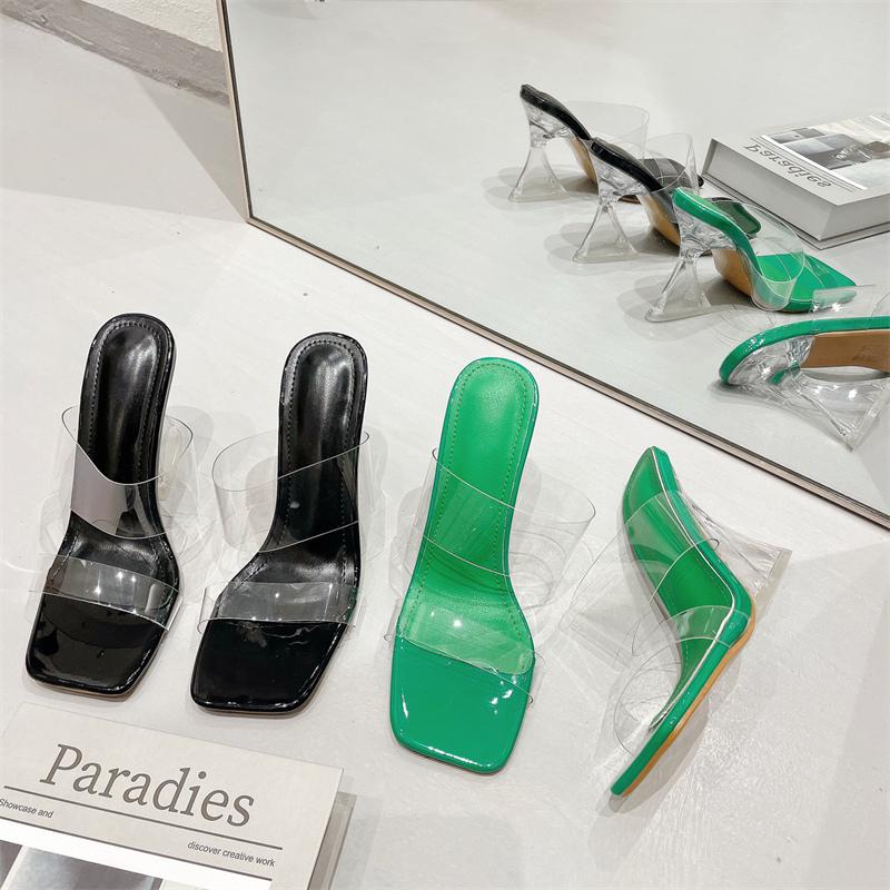 Sexy Women 11cm High Heels Slippers Summer Green Transparent Block Heels Slippers Fetish Lady Mules Fashion Crystal Shoes