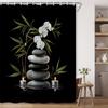 Black Shower Curtain Zen Stone White Floral Sage Green Leaf Reflections In Water Nature Japanese Asian Zen Garden Polyester