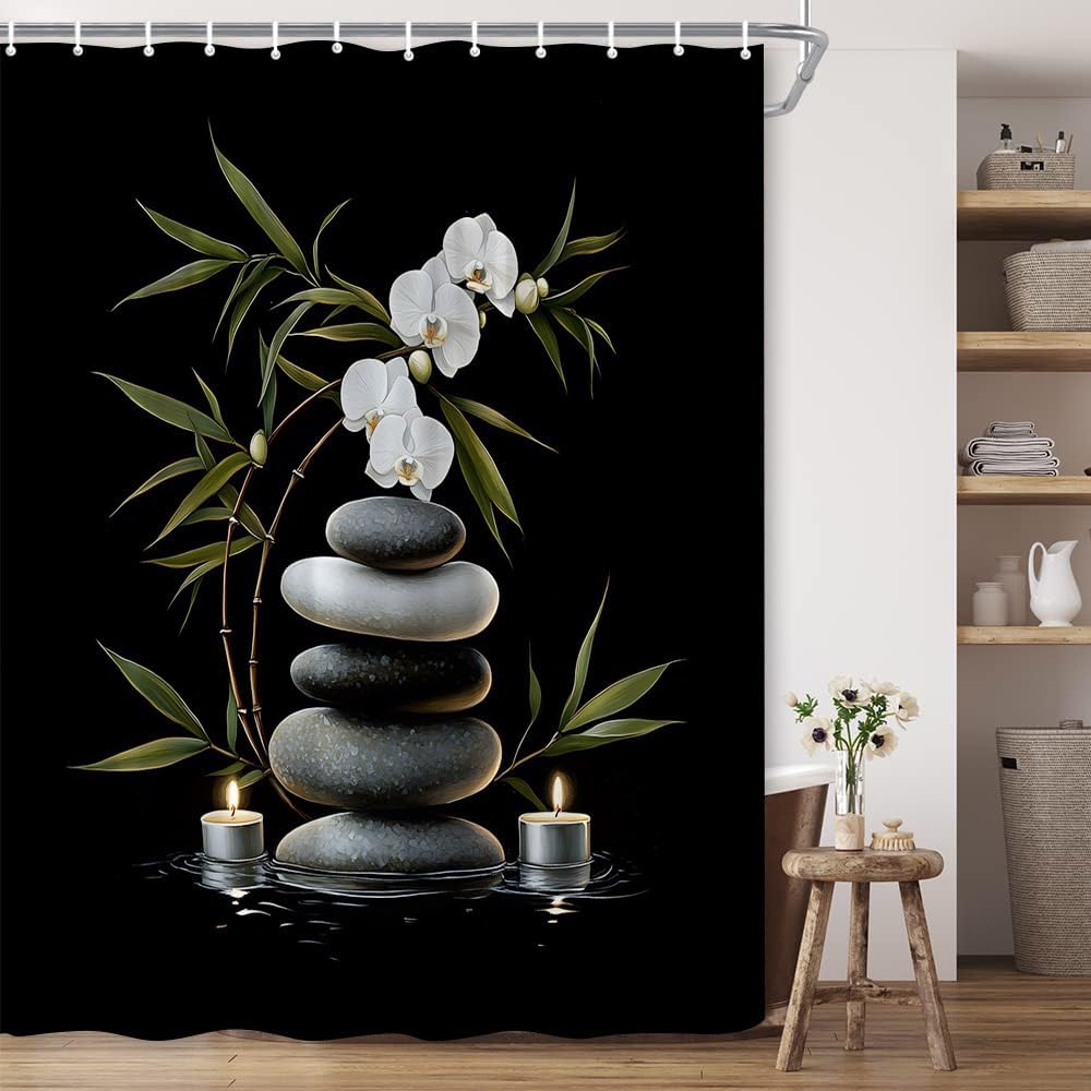 Annier Black/White/Green Shower Curtain Zen Stone Floral Sage Leaf Reflections In Water Nature Japanese Asian Zen Garden Polyester