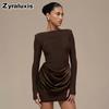 Women's Autumn Winter New Style Solid Elegant Casual Slim Fit Crew Neck Long Sleeve Ruffled Mini Dress