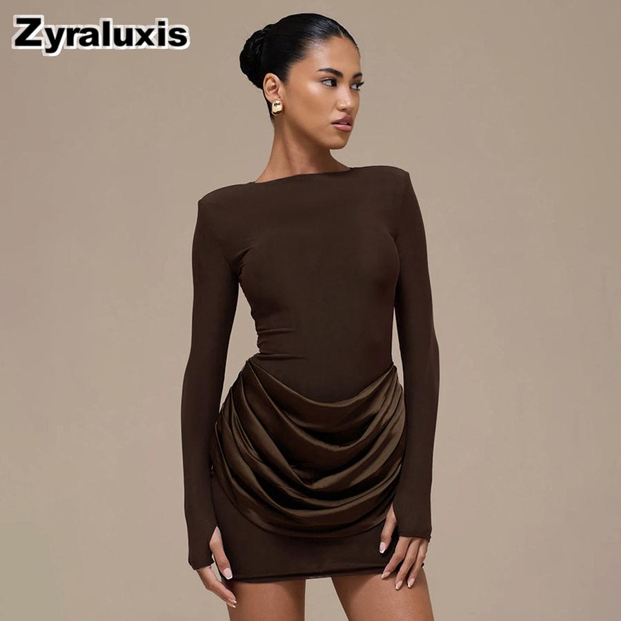 Women's Autumn Winter New Style Solid Elegant Casual Slim Fit Crew Neck Long Sleeve Ruffled Mini Dress