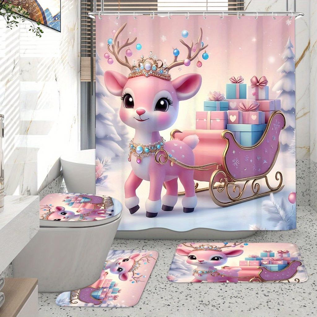 4Pcs Bathroom Shower Curtain Set Pink Deer Pattern Bathroom Curtain With 12 Hooks Non Slip Rugs Toilet Cover Mat Bathroom Partition