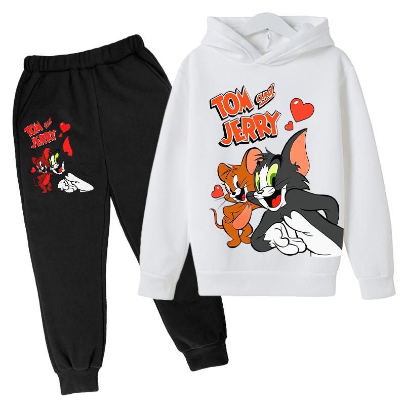 2026Autumn Casual tom jerry Cartoon Kids Boys Girls Print cool Long Sleeve Fleece Hooded Sweatshirt Long Pants Suit Festival Outdoor