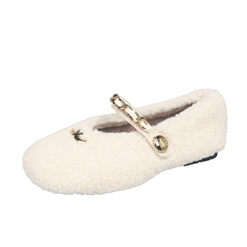 Fashion Aphixta Metal Chain Dec Slip On Flats Soft Fleeces Shoe Shallow Furry Flat With Women Loafers  Slip On Warm Winter Casual Shoes