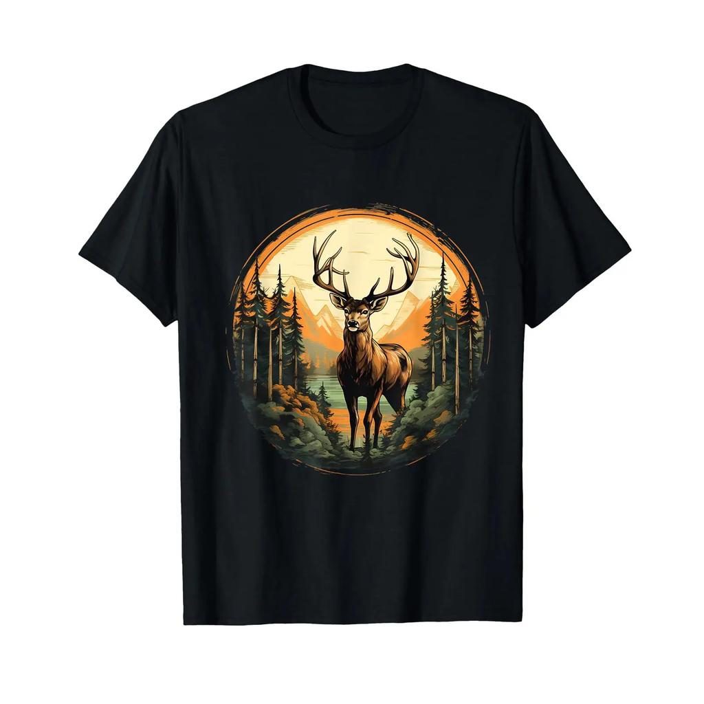 T Shirt with Deer Motif Animal Friends Landscape Wildlife Forest Nature Black Vintage Washed Breathable Slightly Comfortable