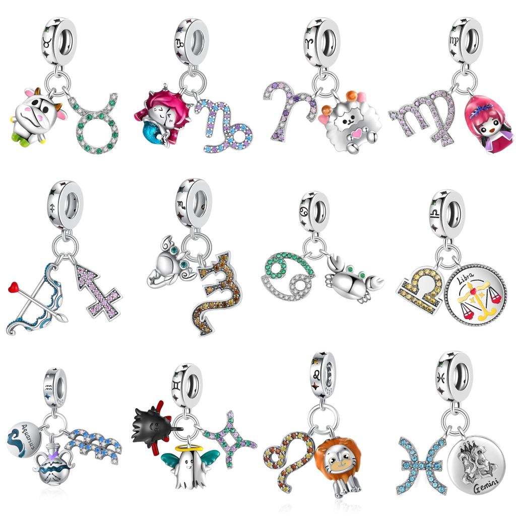 Twelve Constellations Signs Charm Bead Women Gift Item Fits Genuine Real Copper Bracelet Diy Jewelry Accessories