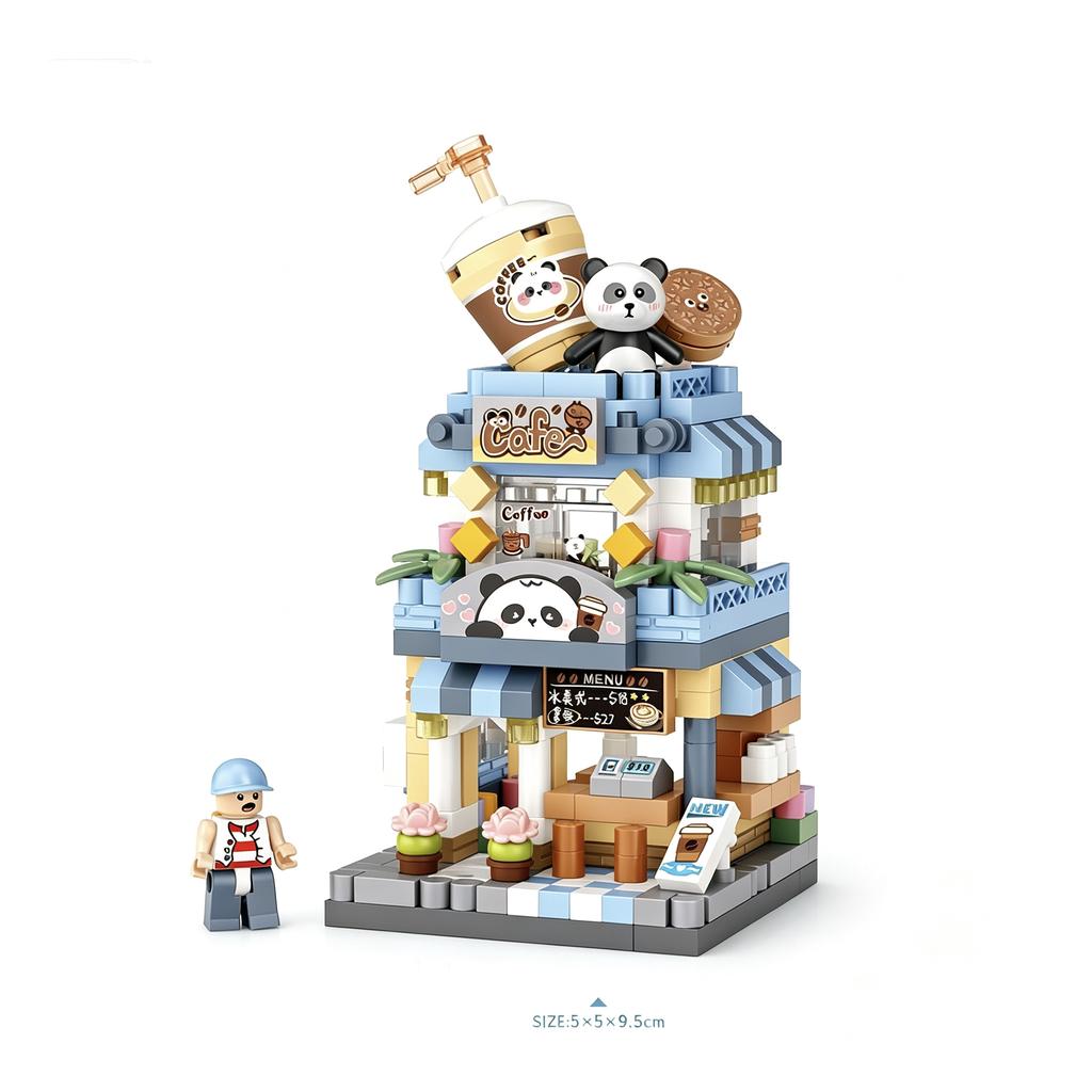2026 NEW Panda Pet Coffee Ice Cream Flower Shop Store Street View Food House Building Blocks Kit Girls Model Kids Toy Children