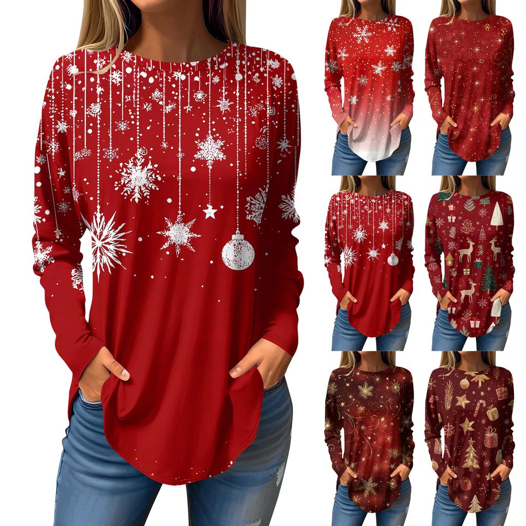 Women's Loose Round Neck Christmas Print Long Sleeve T-Shirt Top Pullover