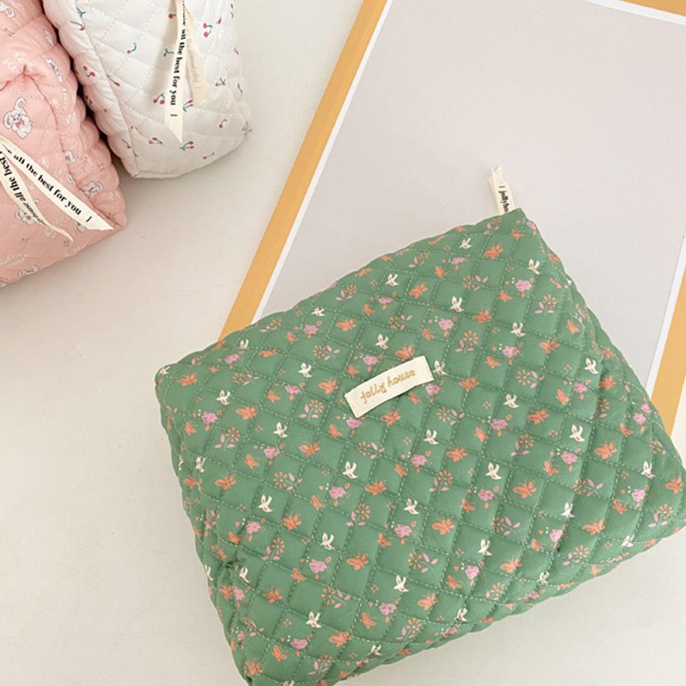 Women Makeup Handbags Zipper Korean Quilted Travel Organizer Portable Clutches Bag Floral Print Large Capacity for Ladies Girl