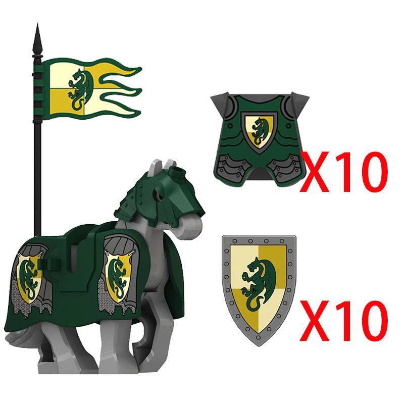 Medieval Castle Green Dragon Knight Building Blocks Figure Accessory Shield Vest Warhorse Cape Orc Flag Mount Wolf Toy Gift D123