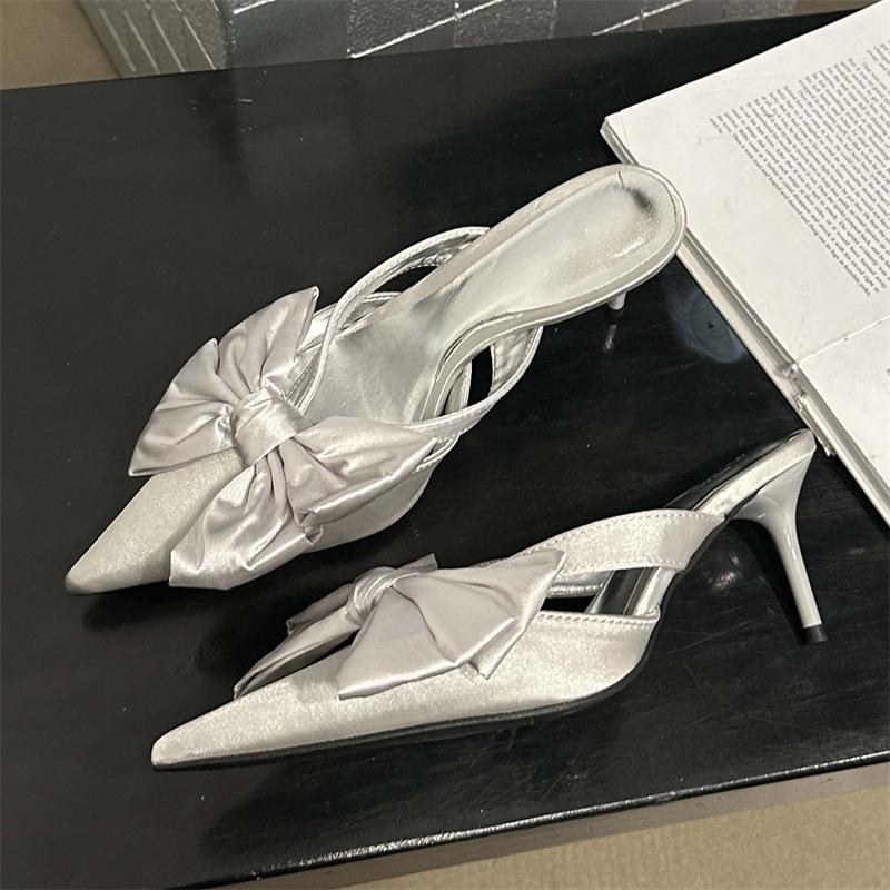 Eilyken Spring Big Butterfly-Knot Hollow Out Femei Papuci Sandale Cu vârf ascuțit Pompe cu toc înalt Catâri Damă Stripper Pantofi