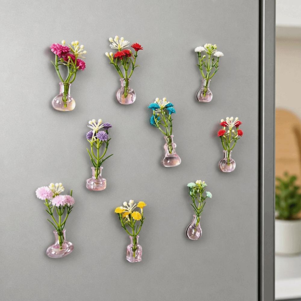 8/10Pcs DIY Mini Glass Vase Magnets Modern Creative Refrigerator Magnets Vase with Fake Flower Funny Tiny Magnetic Bud Vases