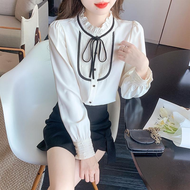 New 2024 Fashion Autumn Long Sleeve Casual Lace Up Ruffled Collar Blouse Shirt Women Tops Blouses Shirts J449