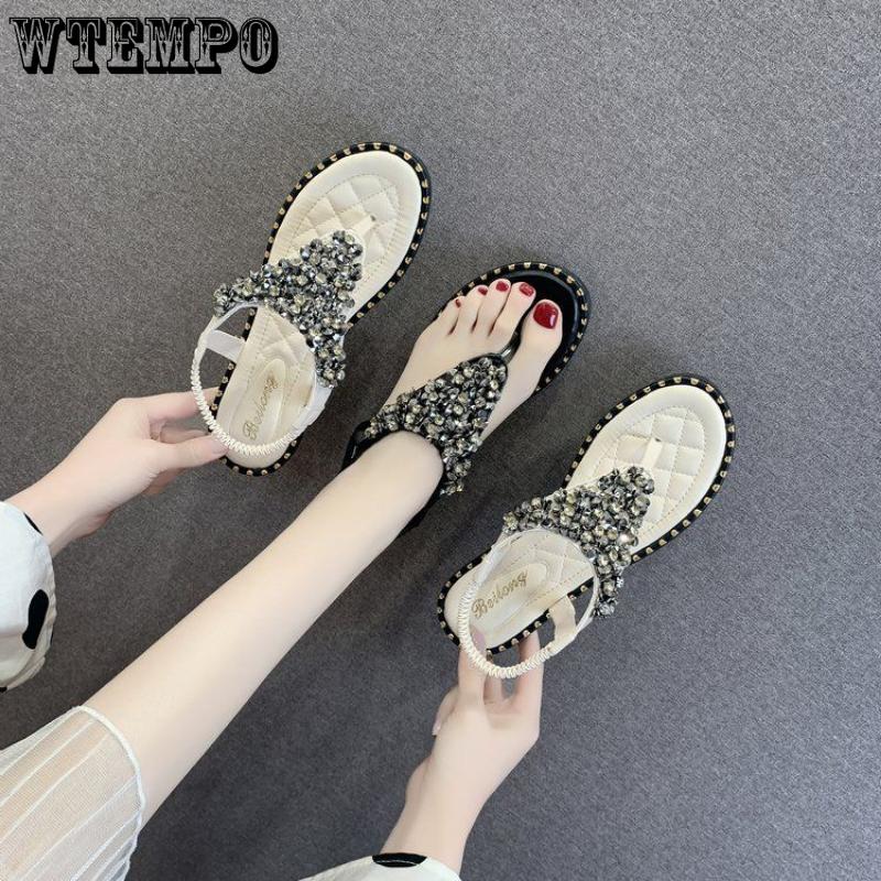 Sommer Damen Sandalen Clip Toe Female Fairy Wind New Strass Bohemian Flat Bottom Strandschuhe Sandalen Gummimaterial