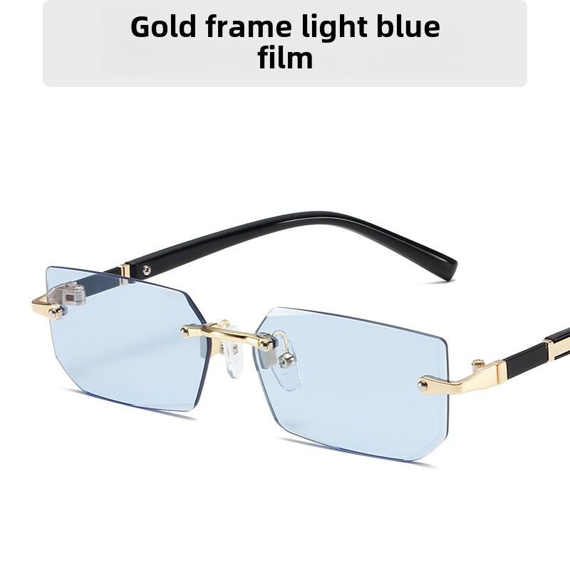 Modne kwadratowe okulary przeciwsłoneczne bez oprawek z kolorowymi soczewkami oceanicznymi i metaliczną teksturą