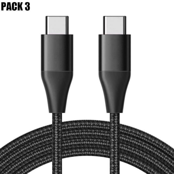Lot de 3 Câbles USB-C vers USB-C Rapide 3A pour Xiaomi Redmi 9 9T 10C 13C 14C - Nylon Tressé Noir 1M