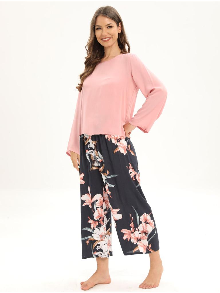 Women's Fashion Casual Loungewear Long Sleeve Long Pants Pajamas Set 2 Piece Printed Loose Home Wear