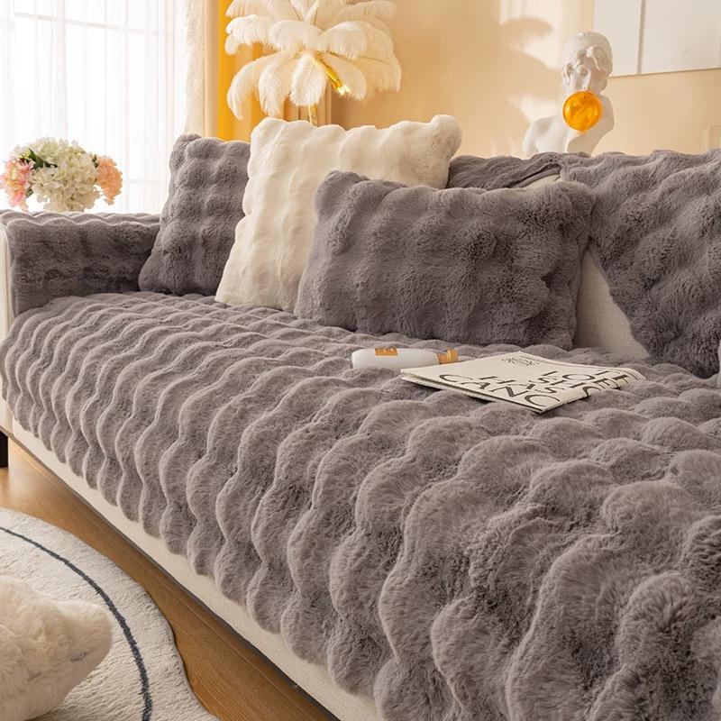 Warm Velvet Sofa Cover Imitation Rabbit Hair Thick Plush Winter Sofa Cushion Living Room Thickened Bubble Velvet Sofa Cover