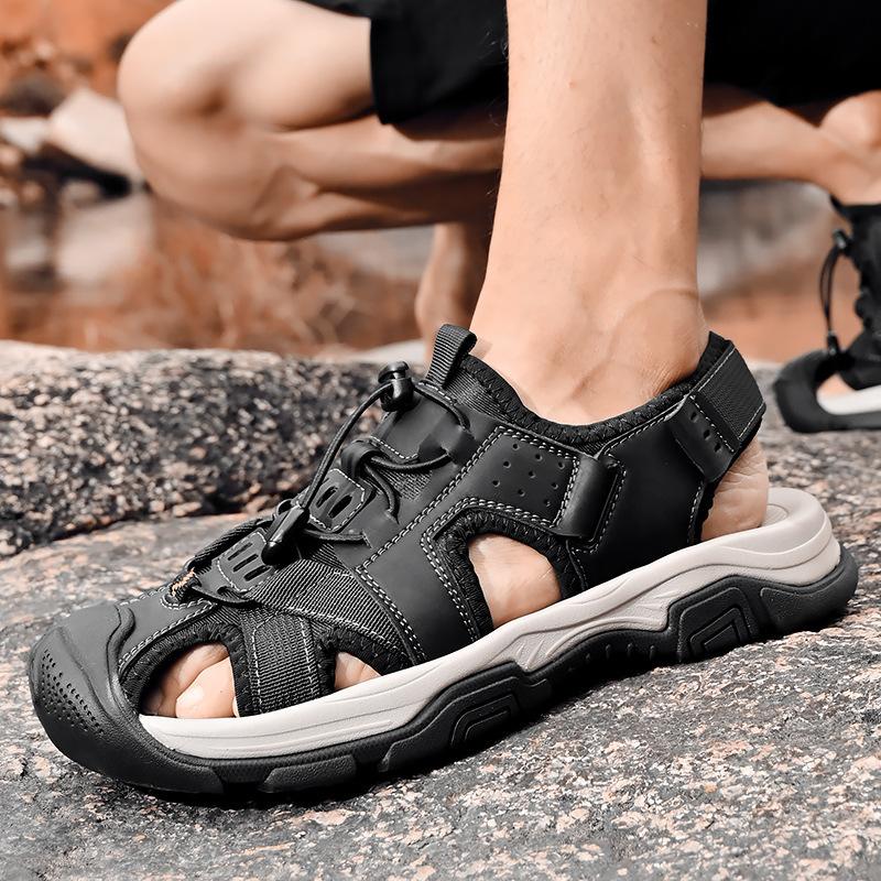 2024 summer new bag head sandals cowhide large size thick-soled breathable outdoor beach shoes trendy casual men's shoes