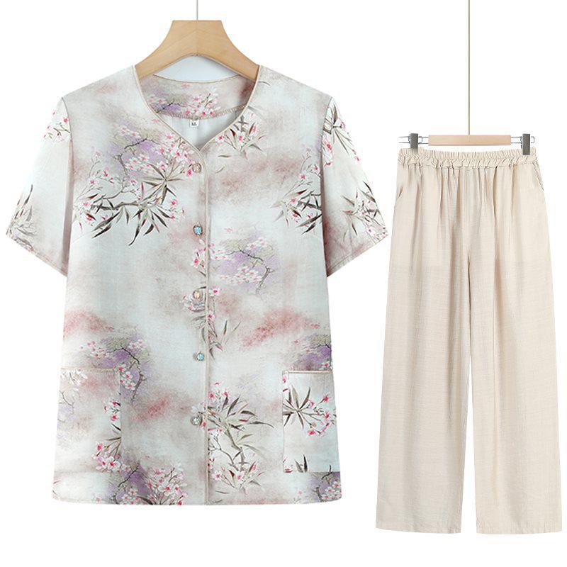 Stylish Two-Piece Summer Top for Middle-aged & Elderly Women - Short-Sleeve Shirt Set for Moms & Grandmas