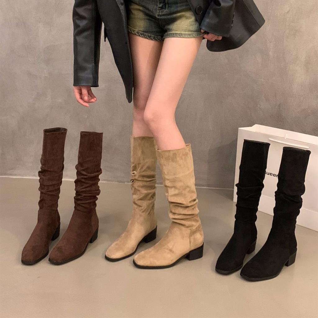High Heel Skinny Boots Square Head Medium Tube Knight Boots Women's Shoes 2025 New Spring, Autumn and Winter Stacking Boots Long Boots