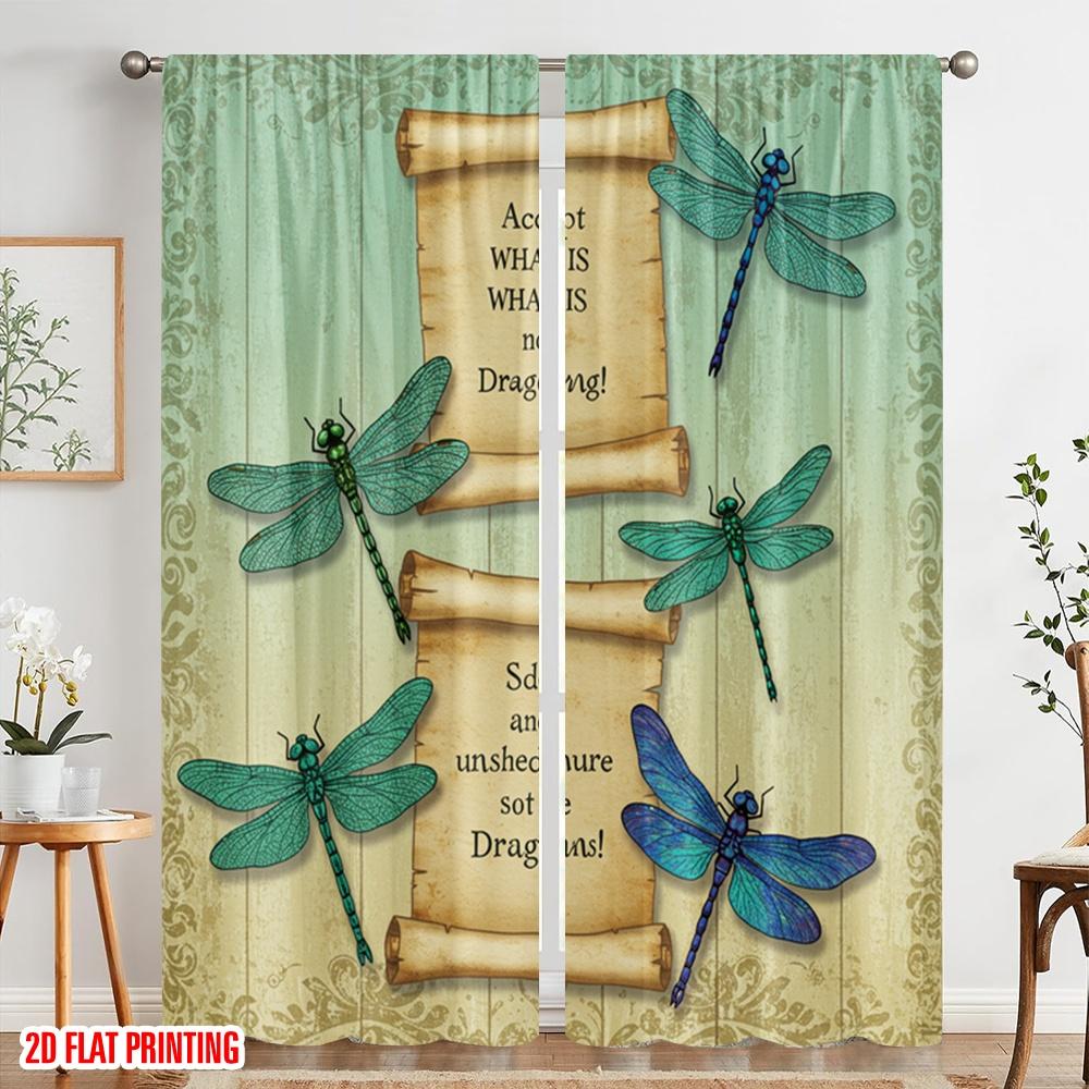 2pcs 2D Flat Printing Window Drapes Dragonfly Scroll Motivational Wall Polyester Without Electricity Festive Holiday Use for All