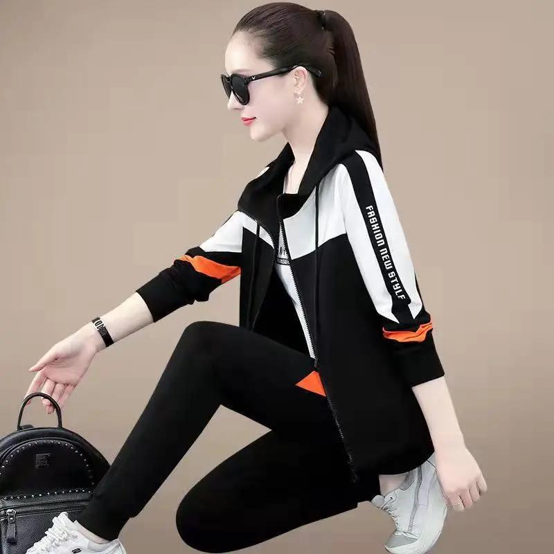 Women's Autumn Spring Insulated Tracksuit Lining Hoodie Two-piece Set, Korean-style Clothes