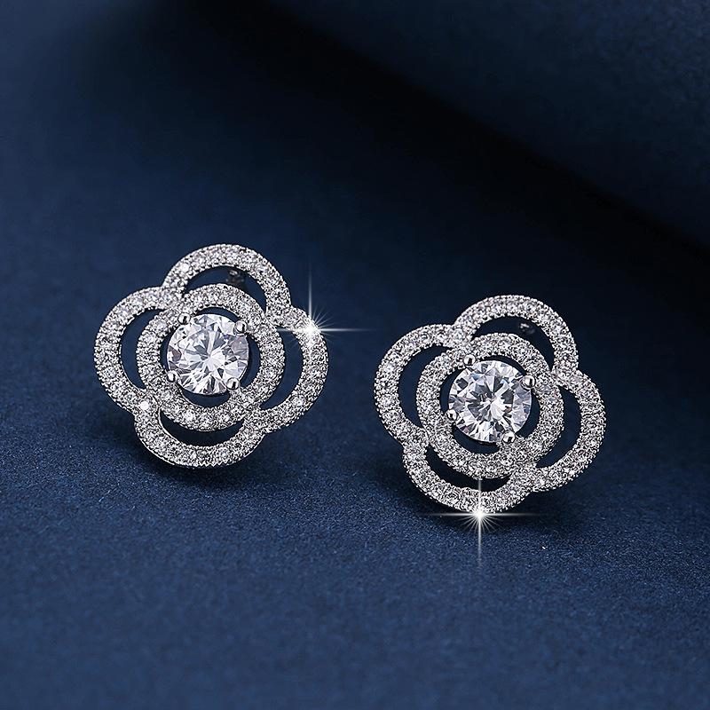White Crystal Rhinestone Rose Earrings: Irregular Design with Round and Flower Studs