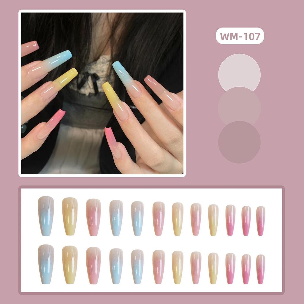 WM-107 Sommer-Farbverlauf Macaron Falsche Nägel - 24 Bunte, Tragbare Nagelspitzen & Aufkleber