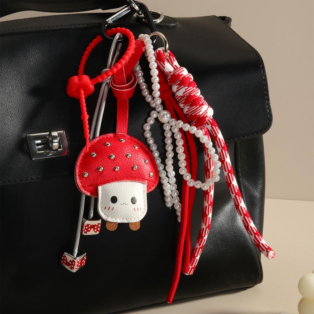 Mui Series Cute and Fashionable Little Mushroom Pearl Bow Bag Hanging Women's Handwoven Rope Keychain Bag Pendant