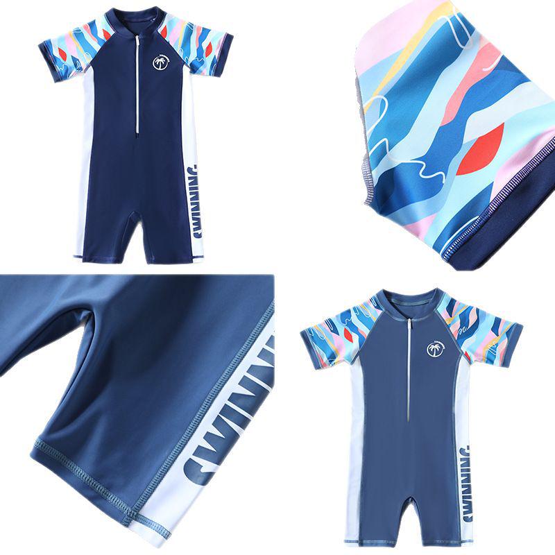 Boys' Quick-Dry One-Piece Swimwear - Short-Sleeved Sun Protection Sports Suit for Beach and Hot Springs
