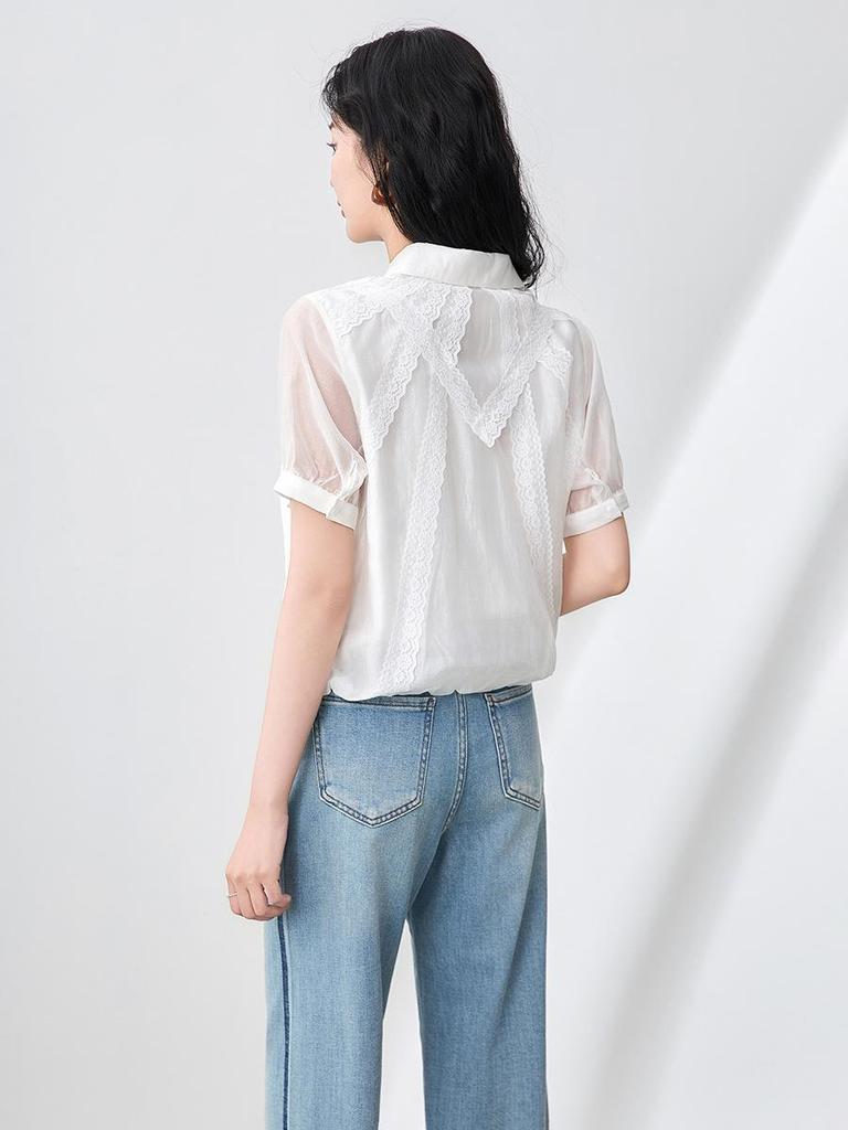 Elegant French Fine Spun Lace Puff Sleeve Cotton Blouse - Women's Summer Top